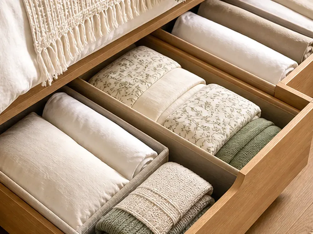 Rangement fin sous le lit offrant un rangement pratique, une texture et une lumière naturelle