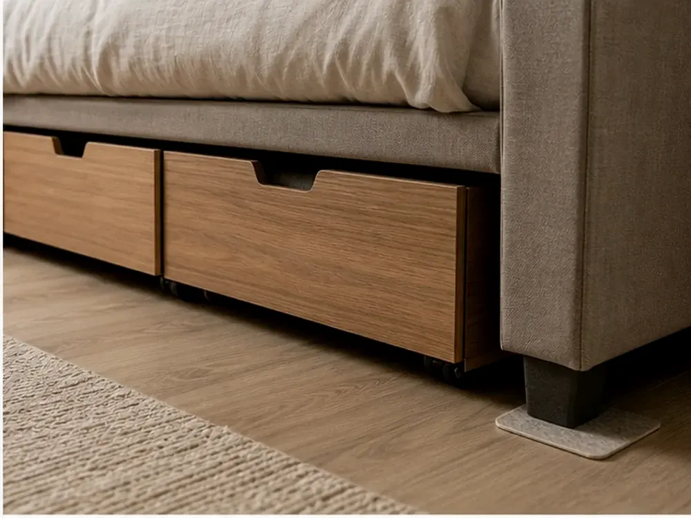 Rangement fin sous le lit avec catégories visibles, style calme et rangement accessible
