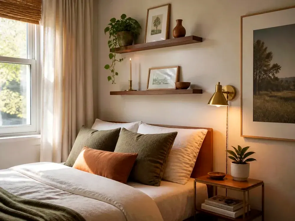 Tiny Bedroom Ideas with a clear route and warm home-organizing detail