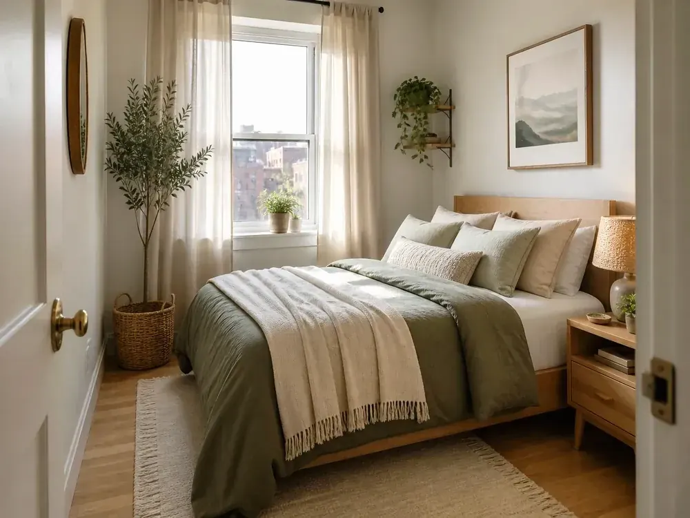 Tiny Bedroom Ideas showing practical storage, texture, and natural daylight