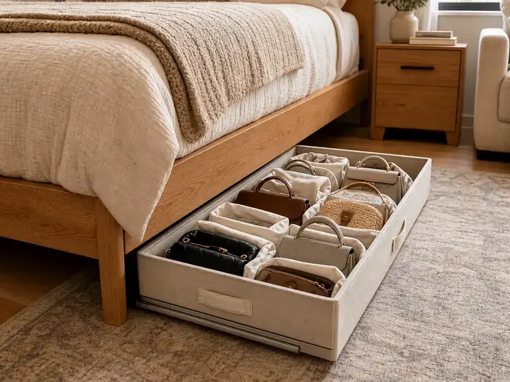 Conteneurs de rangement sous le lit avec catégories visibles, style calme et rangement accessible
