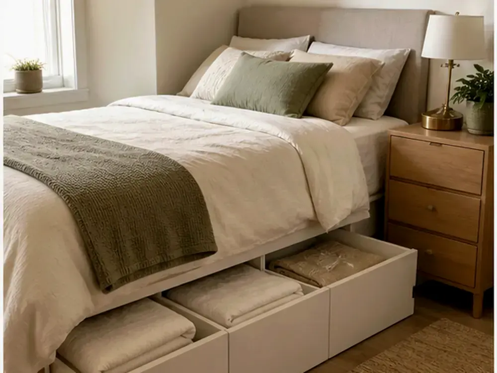 Wicker Under Bed Storage with a clear route and warm home-organizing detail